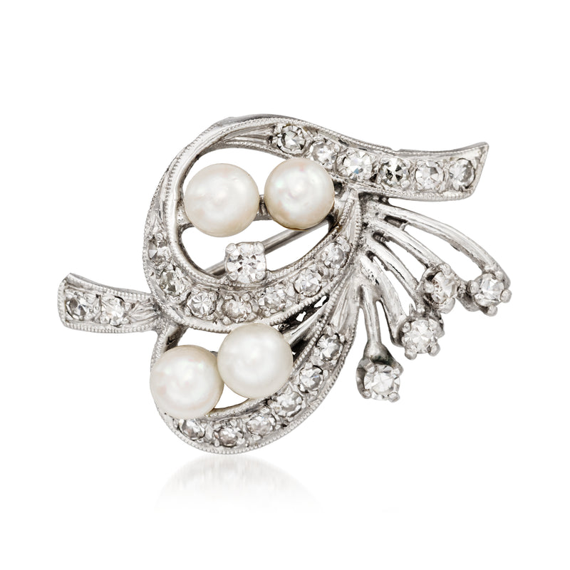 Vintage swirl pin in 14kt white gold with cultured pearl and diamond accents