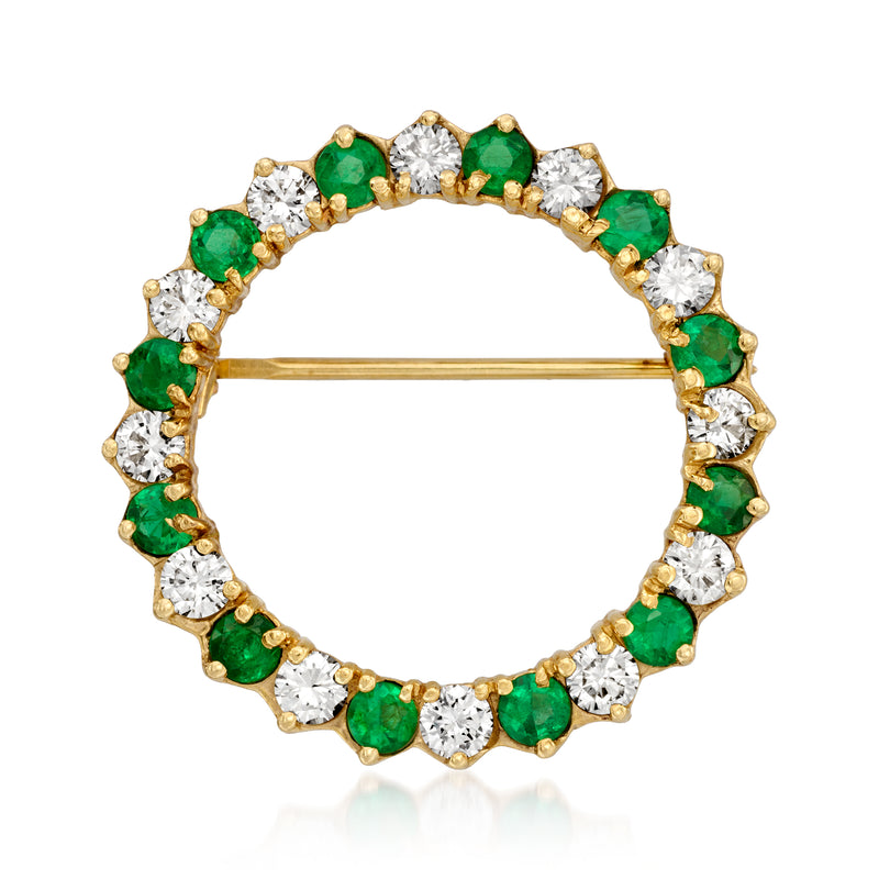 Yellow gold circle pin with green emerald and white diamond stones