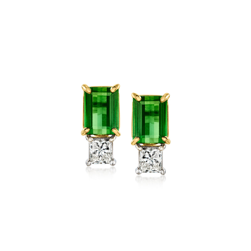 14kt yellow gold post earrings with emerald-cut green tourmaline and diamond accents