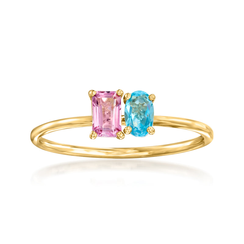 14kt yellow gold toi et moi ring with pink and blue topaz gemstones