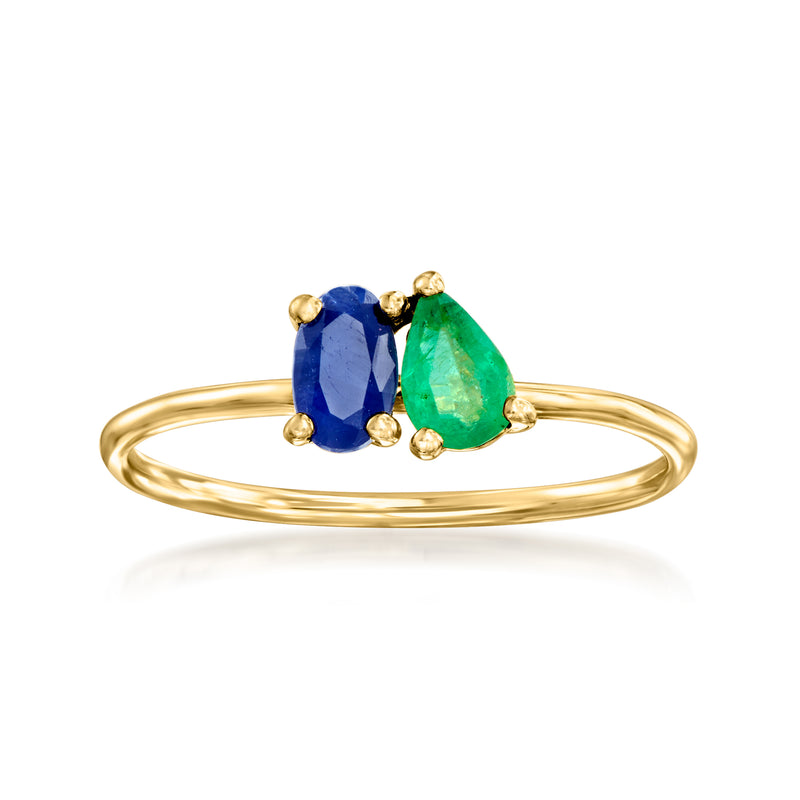 14kt yellow gold toi et moi ring with oval blue sapphire and green emerald stones