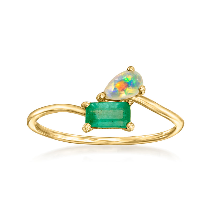 14kt yellow gold toi et moi ring with green emerald and opal oval stones