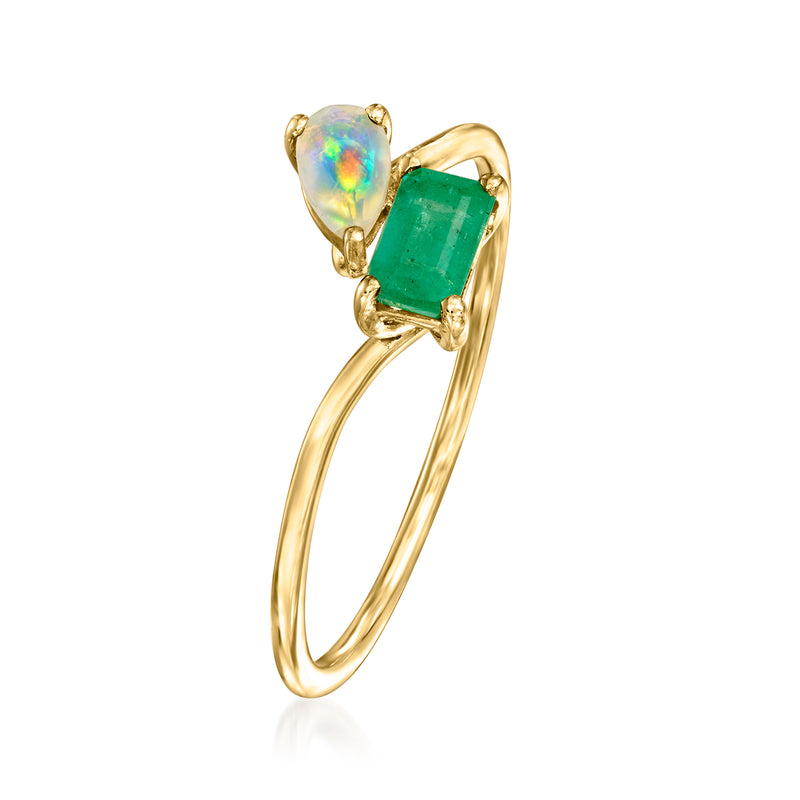Gold toi et moi ring with rectangular green emerald and teardrop opal
