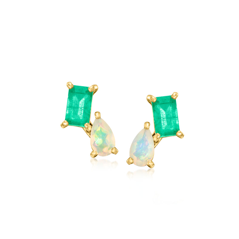 Emerald green and opal toi et moi stud earrings in 14kt yellow gold, post backs