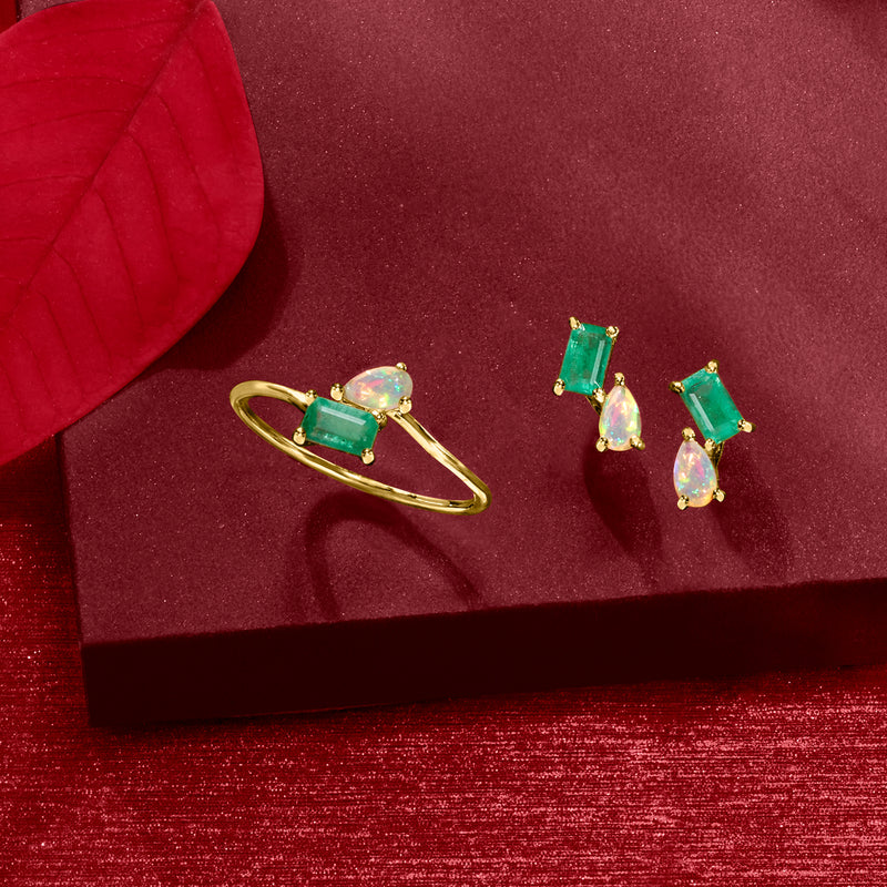 Emerald green and opal toi et moi stud earrings, 14kt yellow gold post style