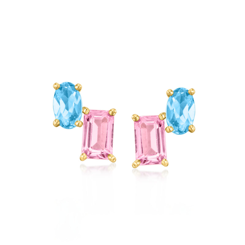 14kt yellow gold post earrings with oval blue and rectangular pink topaz, toi et moi