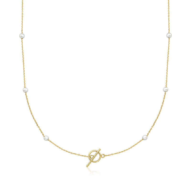 14kt yellow gold station toggle necklace with small cultured pearls and toggle clasp
