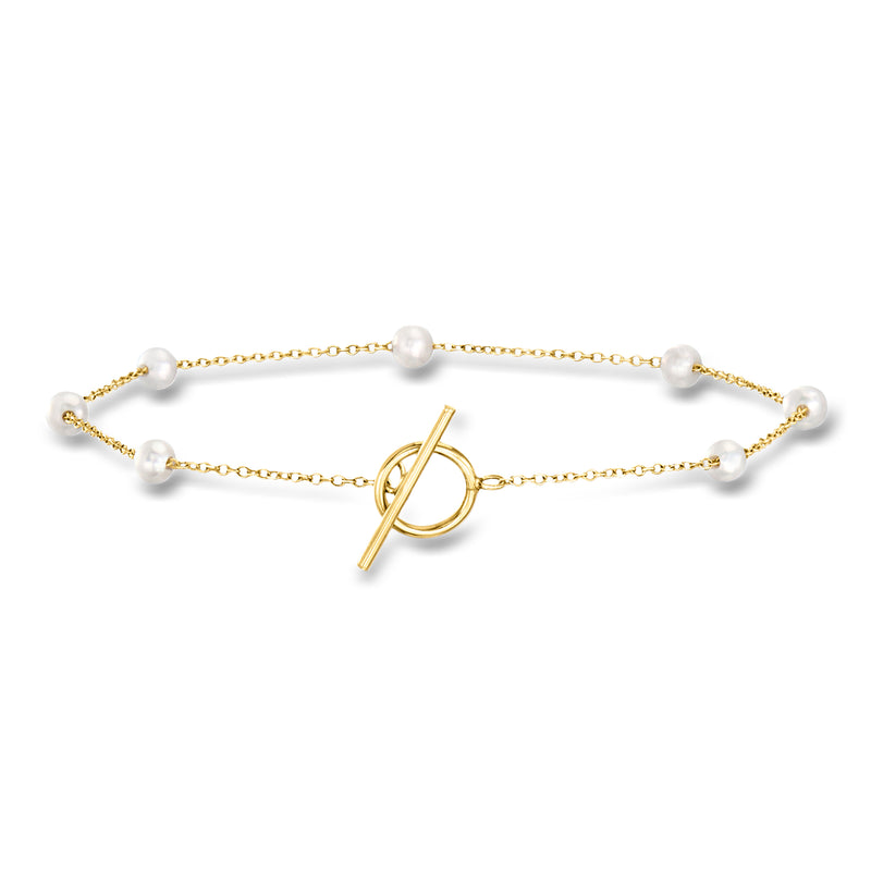 Cultured pearl station toggle bracelet, 14kt yellow gold chain with white pearls