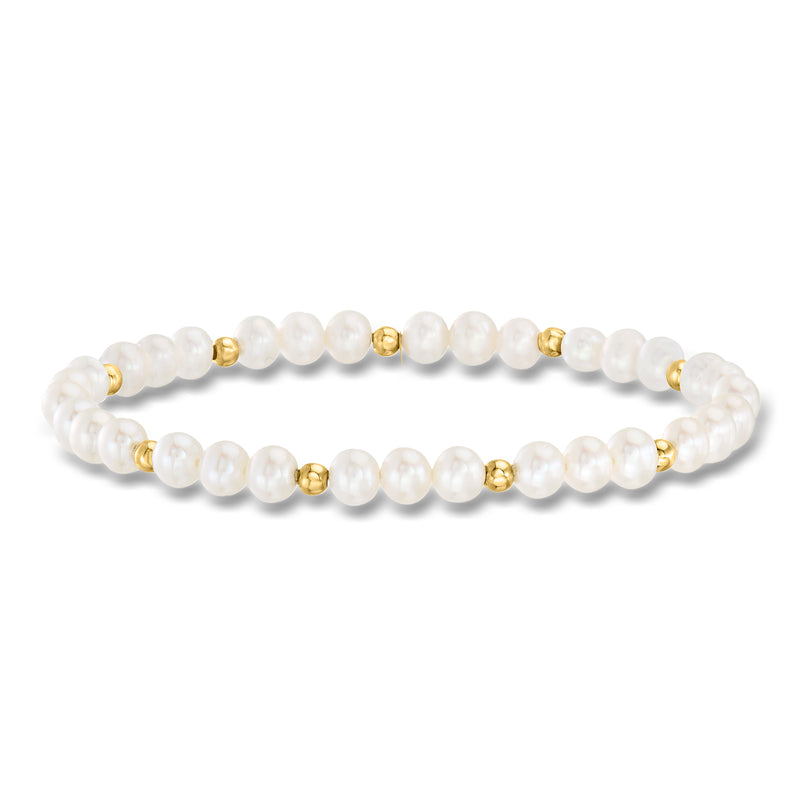 Cultured pearl bead stretch bracelet with 14kt yellow gold spacer beads