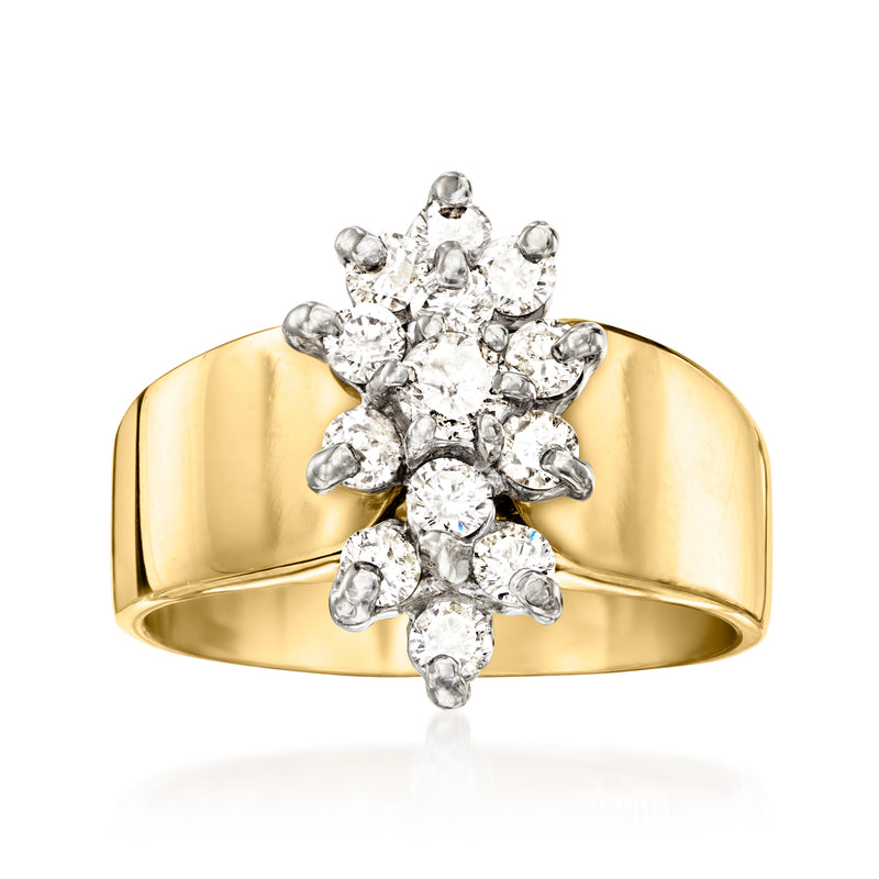 14kt yellow gold diamond cluster ring with round stones on wide band