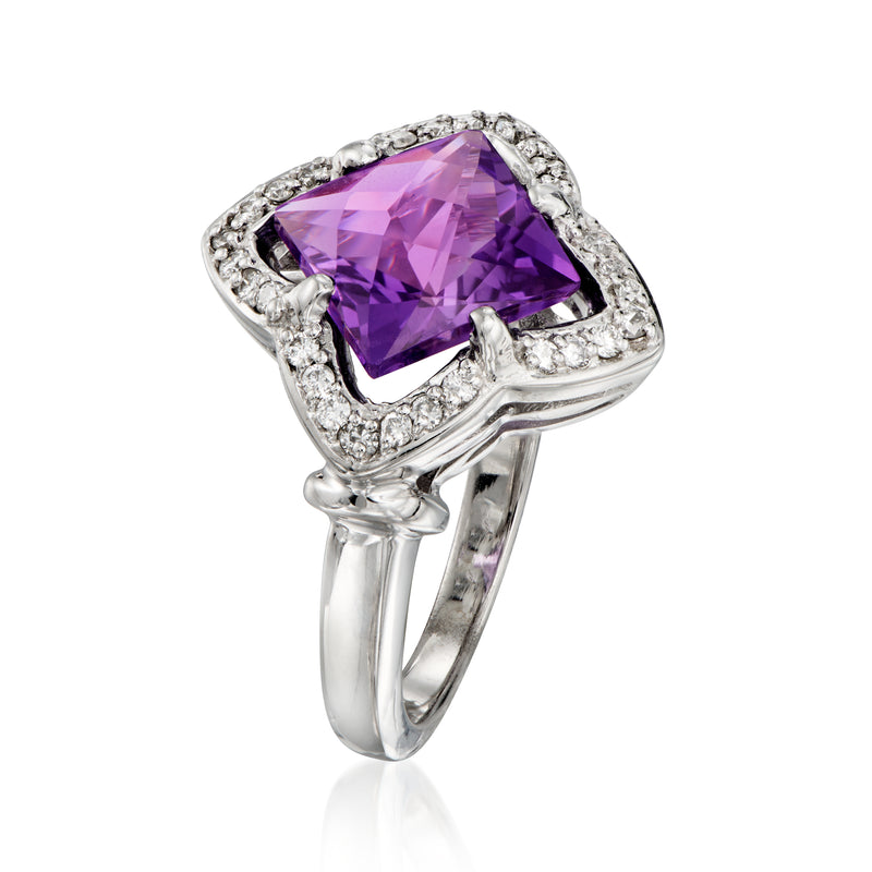 Amethyst and diamond cocktail ring in white gold with square purple center stone