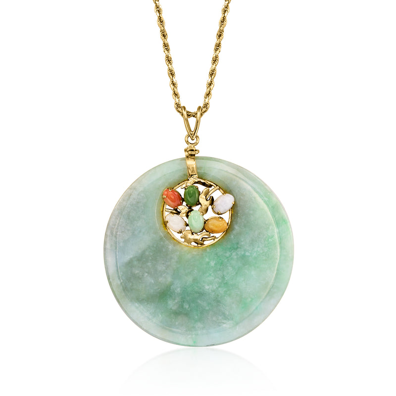 14kt yellow gold necklace with round light green jade disc pendant, multicolor inlay center