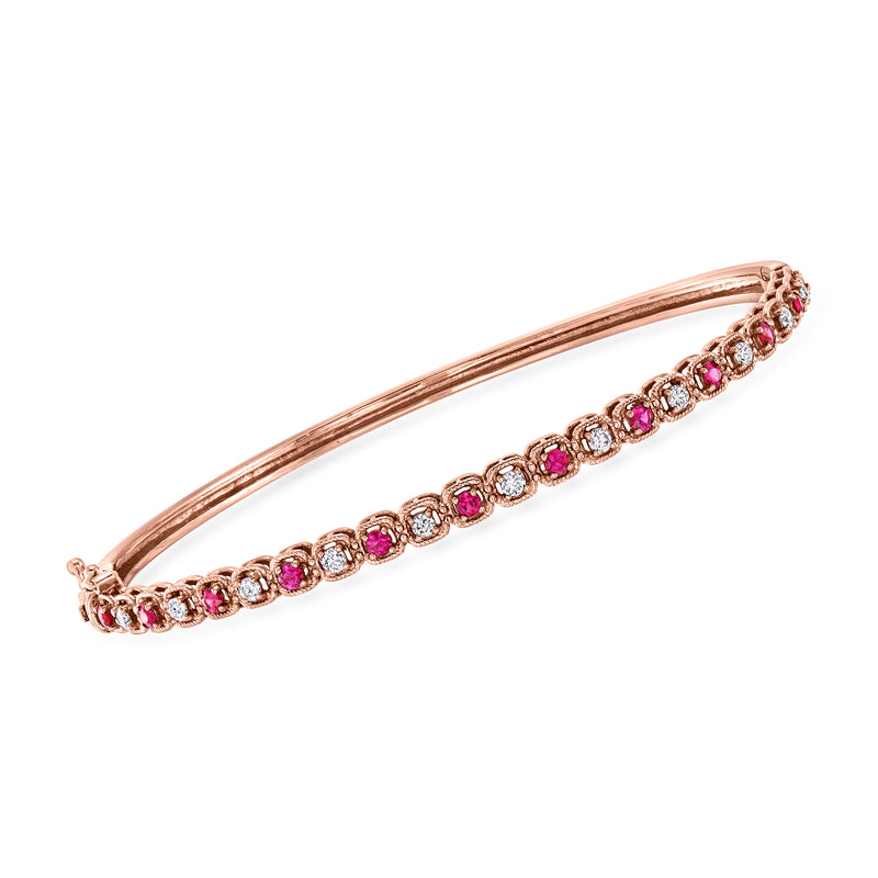 Rose gold bangle bracelet with ruby and diamond channel-set stations