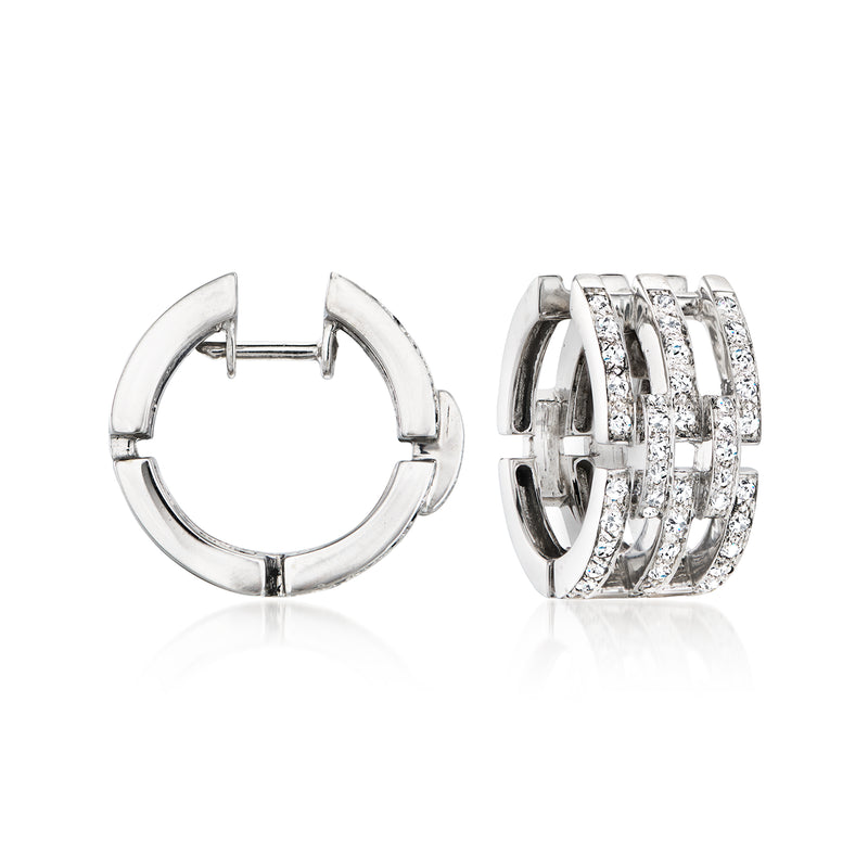 White gold hoop earrings with multi-row diamond front, shown open and closed