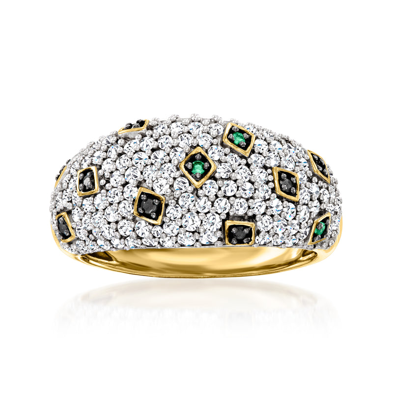 White diamond ring with black square accents, green emerald details, 18k-gold band