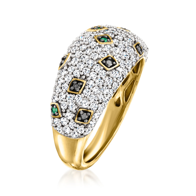White diamond cluster ring with black square settings and green gemstones, gold band