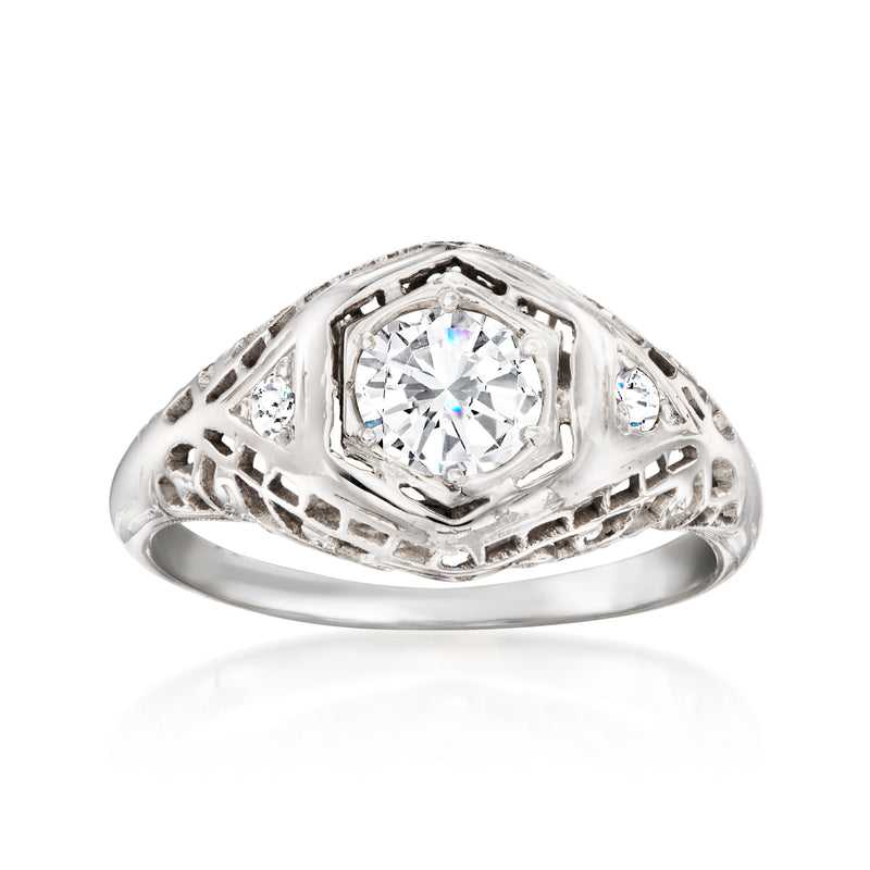 Vintage white gold diamond filigree ring with round center stone