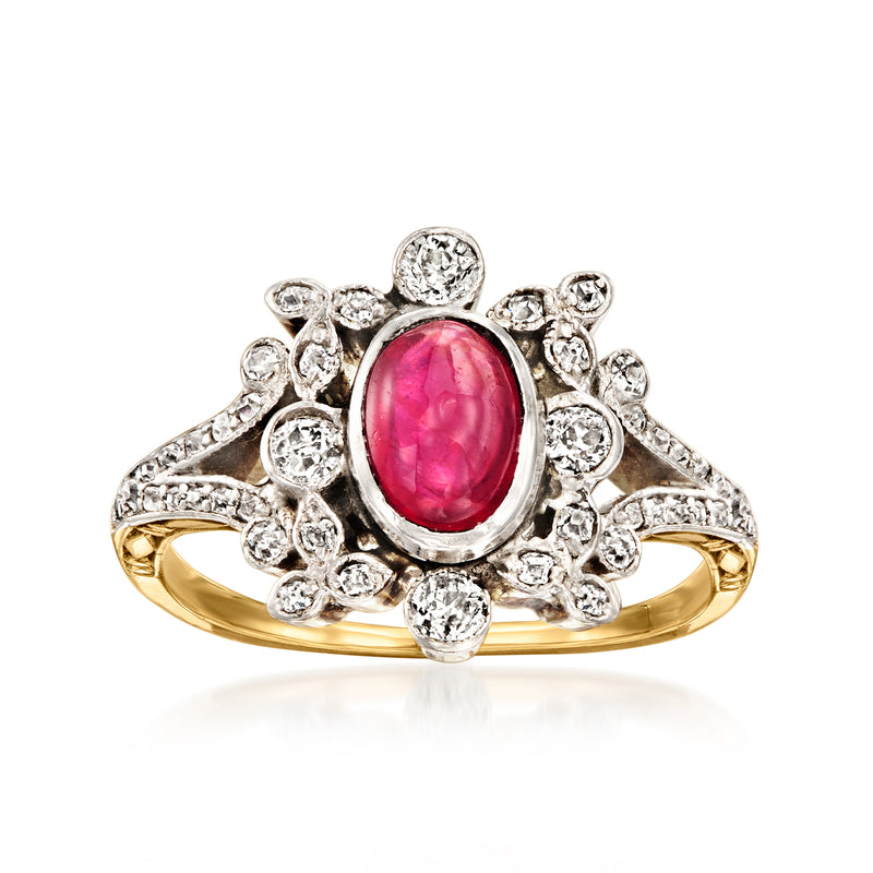 Vintage oval ruby cabochon ring with diamond halo, platinum setting, yellow gold band