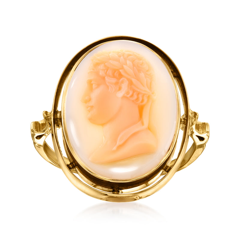 Vintage yellow gold cameo ring with oval white agate Roman profile setting