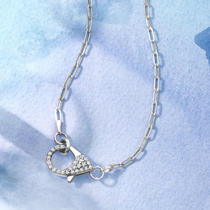 Sterling silver paperclip-link necklace with heart-shaped pave diamond pendant