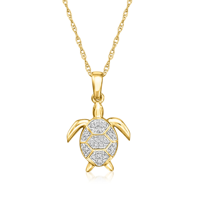 14kt yellow gold turtle pendant necklace with diamond insets on fine chain