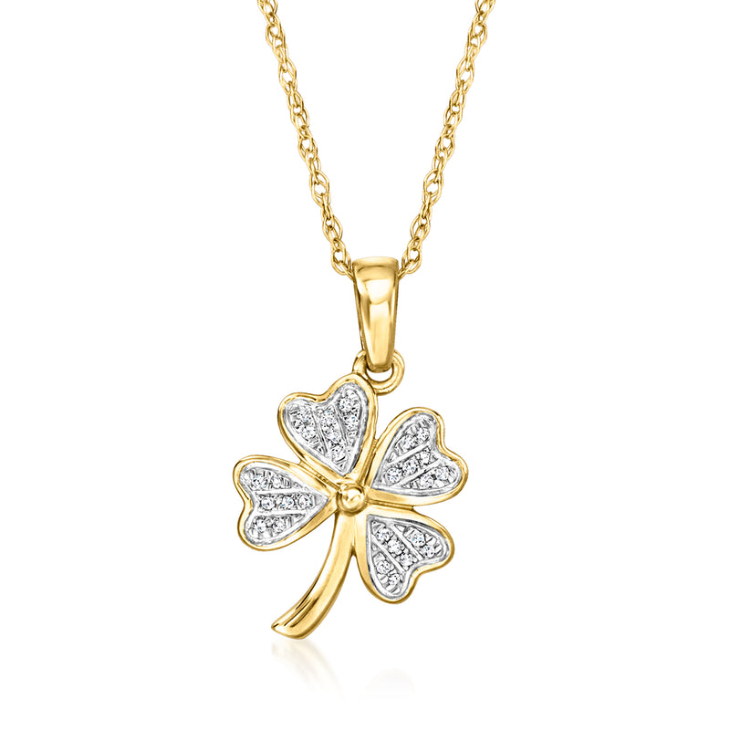 14kt yellow gold clover pendant necklace with diamond-like inlaid petals on chain