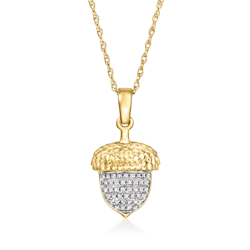 Diamond acorn pendant necklace in yellow gold with pavé diamond acorn charm