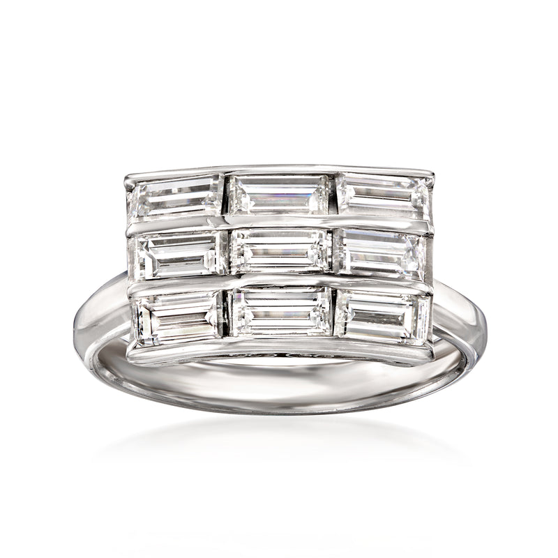 Platinum baguette diamond ring with rectangular stones in a stepped band