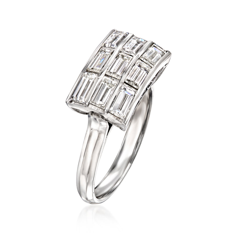 Platinum baguette diamond ring angled view with rectangular step-set stones