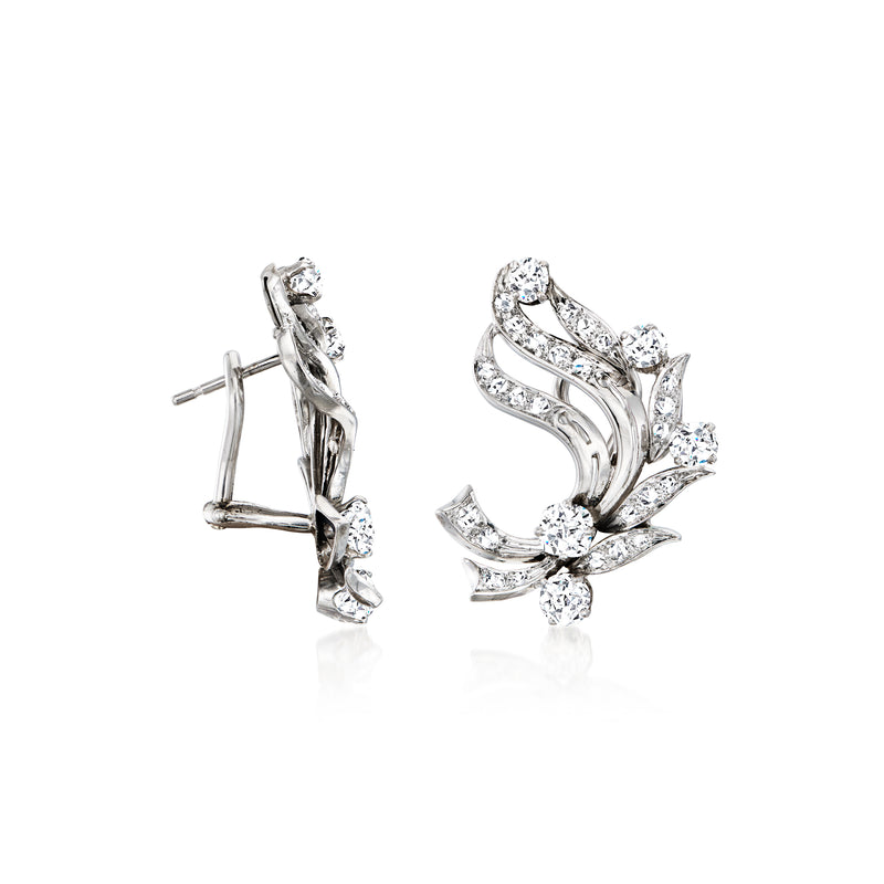 Swirl diamond stud earrings with post back, platinum and 14kt white gold