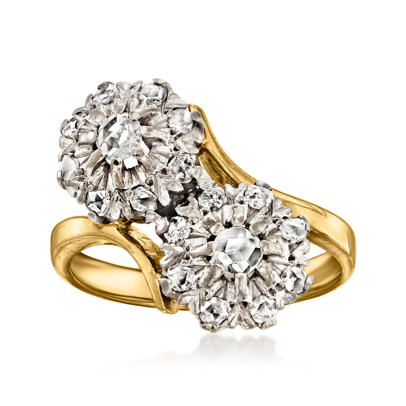 Two-tone gold diamond cluster bypass ring with three round cluster settings