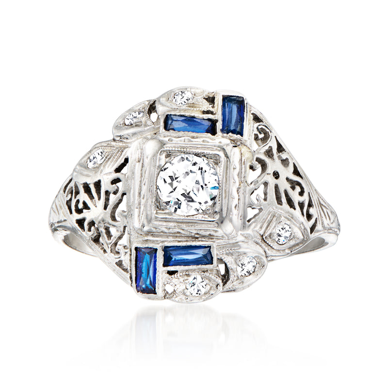 Vintage diamond filigree ring in white gold with blue synthetic sapphire accents