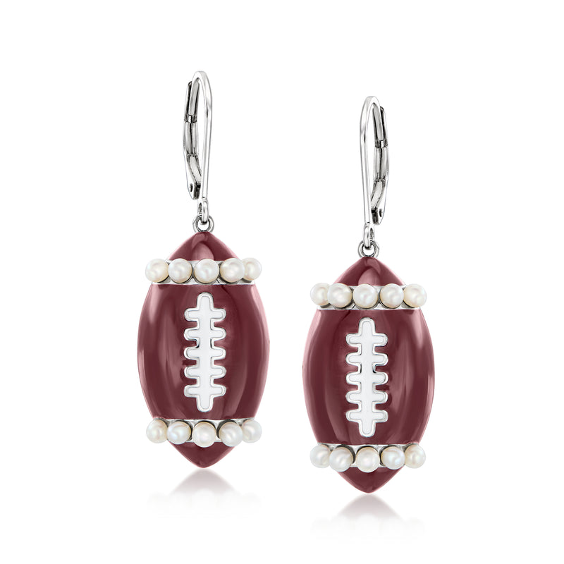 Sterling silver football drop earrings with brown enamel, white pearls, and leverback hooks
