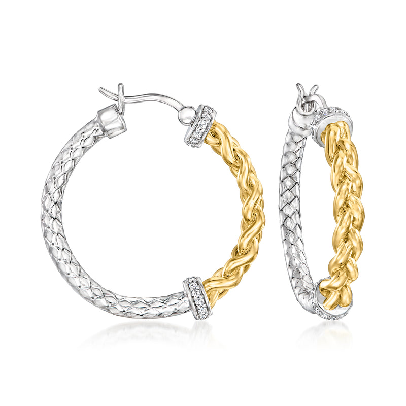Two-tone hoop earrings with braided silver mesh, gold accents, and clear CZ stones