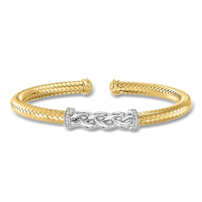 Braided station cuff bracelet in gold over sterling with silver links and CZ accents