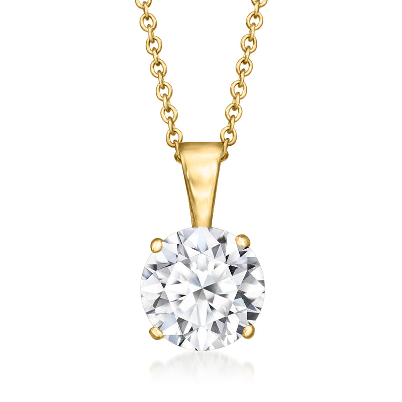Round diamond solitaire pendant on 14kt yellow gold chain, gold four-prong setting