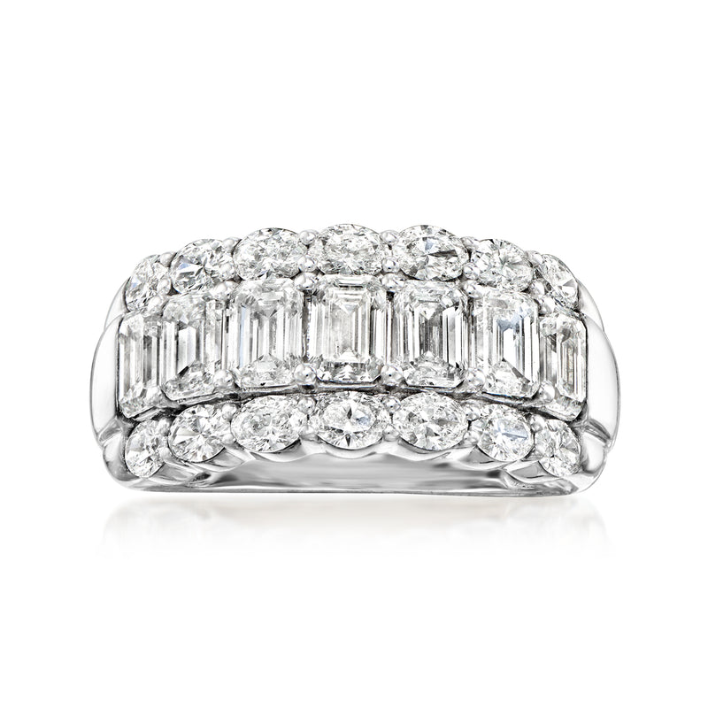 Three-row diamond ring with oval and emerald-cut stones in 14kt white gold band