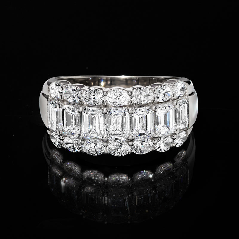 Three-row diamond ring with oval and emerald-cut stones in 14kt white gold