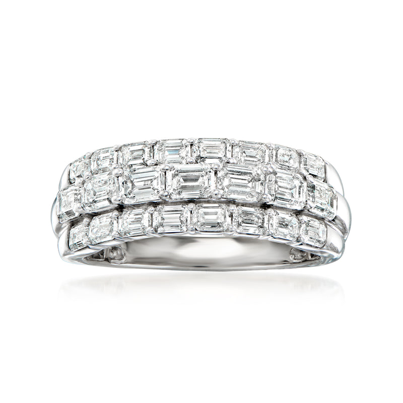 Three-row emerald-cut diamond ring in polished white gold