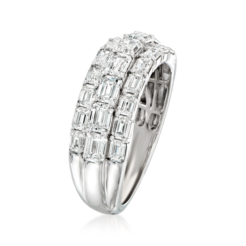 Three-row emerald-cut diamond ring, side view, polished white gold band