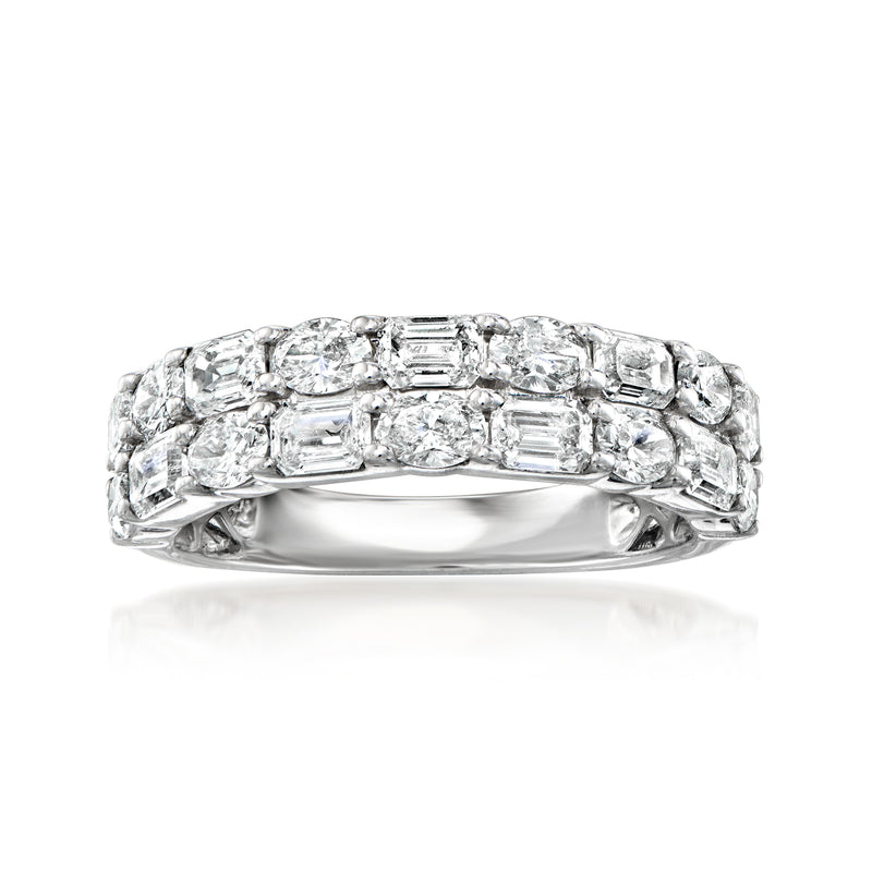 White gold diamond two-row ring with oval and emerald-cut stones, wide band