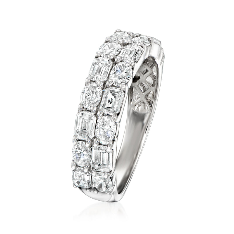 White gold diamond band ring with emerald-cut and oval stones, side view