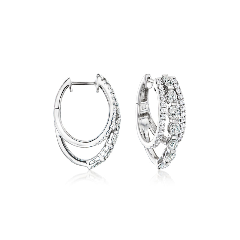 14kt white gold triple-hoop earrings with lab-grown diamonds, hinged hoop pair