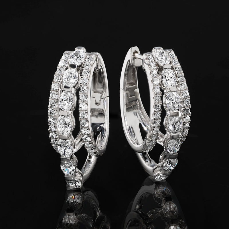 Triple hoop lab-grown diamond earrings, white gold hoops with round stones