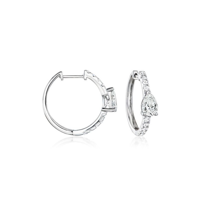 14kt white gold hoop earrings with a pear-shaped center diamond