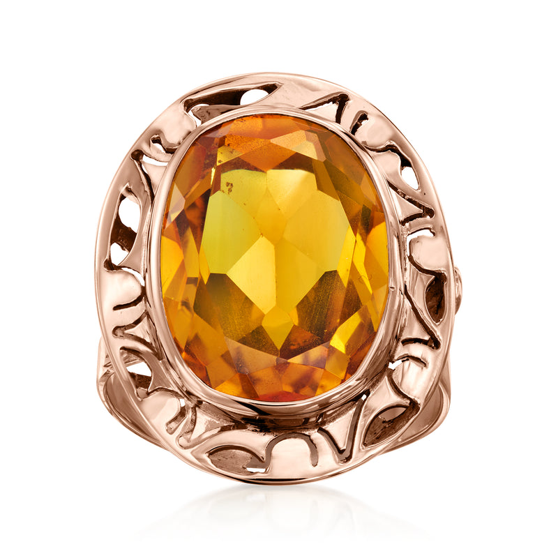Vintage citrine ring in 14k yellow gold, oval faceted gemstone bezel setting
