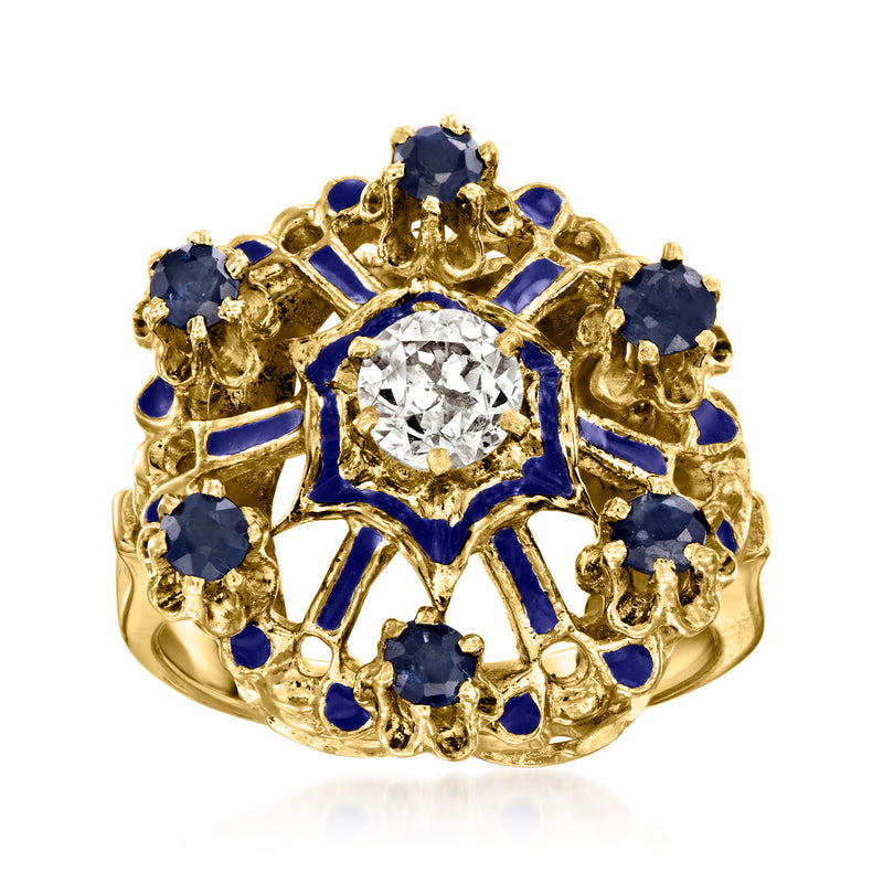 Vintage 14kt yellow gold ring with blue enamel, sapphire accents, and center diamond