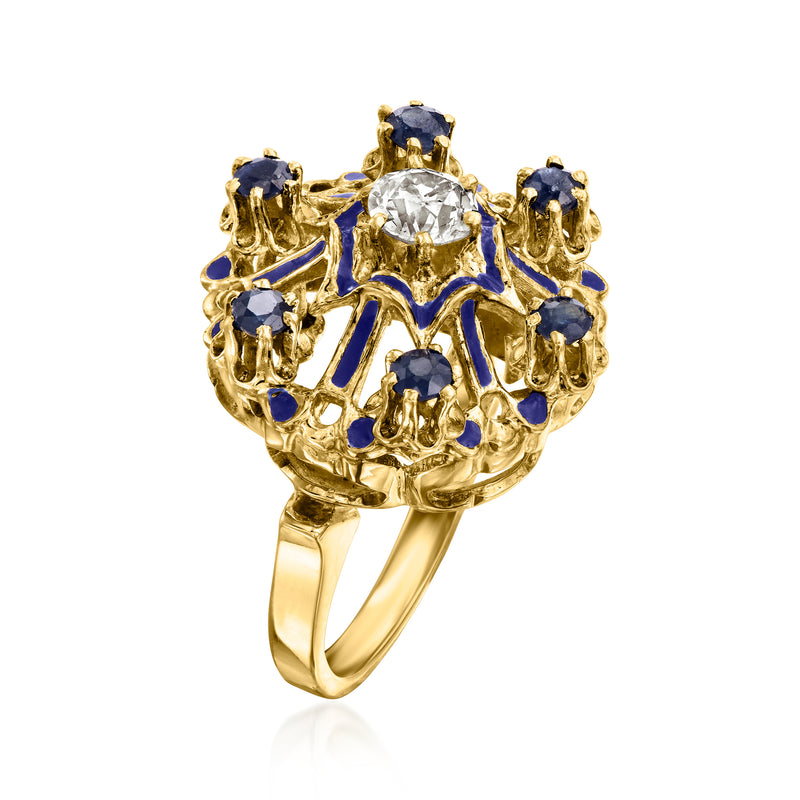 Vintage yellow gold ring with round diamond center and blue sapphire halo setting