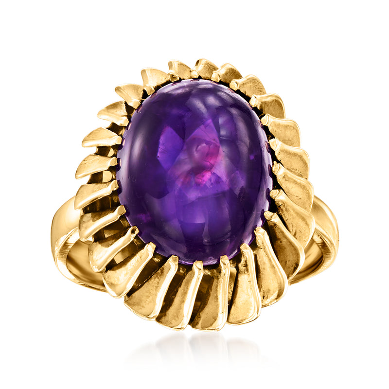 Vintage amethyst ring, 14kt yellow gold, oval purple stone with scalloped bezel