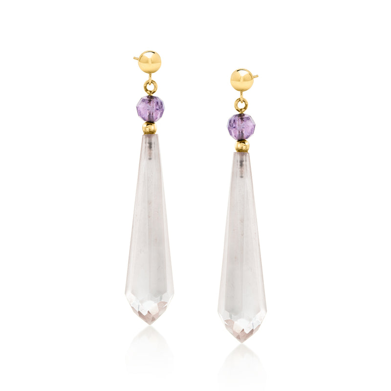 14kt yellow gold drop earrings with purple amethyst and clear rock crystal teardrops